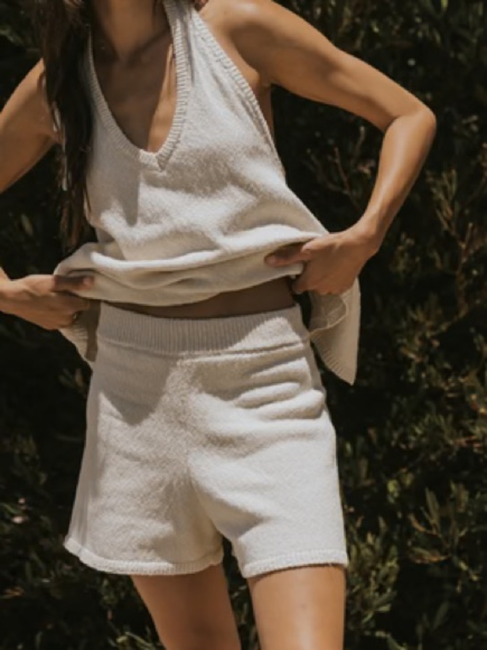Women’s Cream Bouclé Knit Halter Tank & Shorts Lounge Set XS Coastal Summer